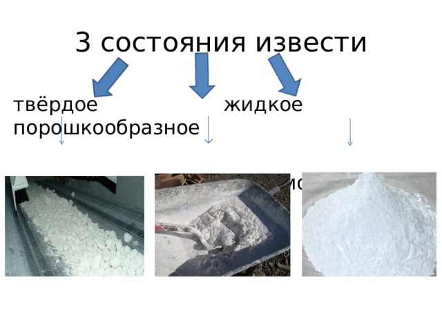 3 состояния извести твёрдое жидкое порошкообразное комовая тесто, молочко пушонка 