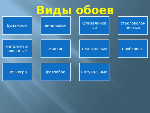 Виды обоев бумажные виниловые флизелиновые стекловолокнистые металлизи-рованные жидкие текстильные пробковые шелкогра фотообои натуральные 