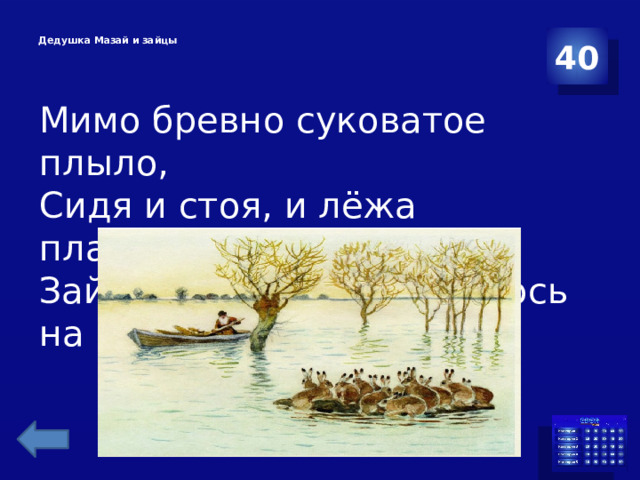  Дедушка Мазай и зайцы   40 Мимо бревно суковатое плыло, Сидя и стоя, и лёжа пластом, Зайцев с десяток спасалось на нём 