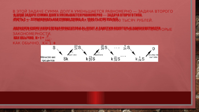 В этой задаче сумма долга уменьшается равномерно — задача второго типа.  Пусть S — первоначальная сумма долга, S = 1800 тысяч рублей.   Нарисуем схему начисления процентов и выплат. И заметим некоторые закономерности.   Как обычно, k= 1 +   