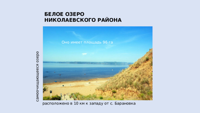 самоочищающееся озеро БЕЛОЕ ОЗЕРО НИКОЛАЕВСКОГО РАЙОНА Оно имеет площадь 96 га расположено в 10 км к западу от с. Барановка 