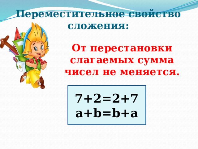 Переместительное свойство сложения: От перестановки слагаемых сумма чисел не меняется. 7+2=2+7 a+b=b+a 