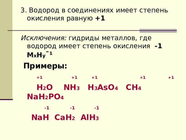 3 . Водород в соединениях имеет степень окисления равную +1  Исключения: гидриды металлов, где водород имеет степень окисления -1 M x H y ˉ¹  Примеры:  +1   +1   +1   +1   +1   H 2 O NH 3 H 3 AsO 4 CH 4 NaH 2 PO 4    -1 -1 -1  NaH CaH 2 AlH 3 