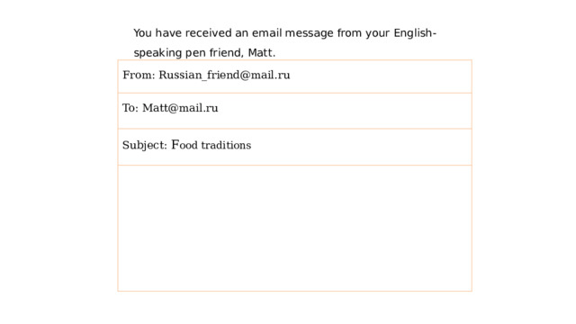 You have received an email message from your English-speaking pen friend, Matt. From: Russian_friend@mail.ru  To: Matt@mail.ru  Subject: F ood traditions  