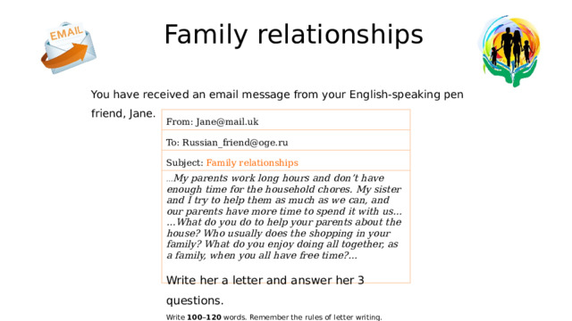  Family relationships You have received an email message from your English-speaking pen friend, Jane. From: Jane@mail.uk  To: Russian_friend@oge.ru  Subject: Family relationships  … My parents work long hours and don’t have enough time for the household chores. My sister and I try to help them as much as we can, and our parents have more time to spend it with us…  … What do you do to help your parents about the house? Who usually does the shopping in your family? What do you enjoy doing all together, as a family, when you all have free time?…  Write her a letter and answer her 3 questions.  Write 100 – 120 words. Remember the rules of letter writing.  