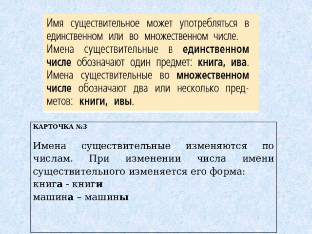 КАРТОЧКА №2   КАРТОЧКА №3   Имена существительные изменяются по числам. При изменении числа имени существительного изменяется его форма: книг а - книг и машин а – машин ы   