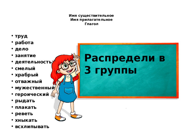 Имя существительное  Имя прилагательное  Глагол   труд работа дело занятие деятельность смелый храбрый отважный мужественный героический рыдать плакать реветь хныкать всхлипывать Распредели в 3 группы 