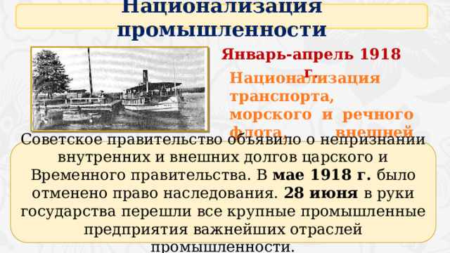 Национализация промышленности Январь-апрель 1918 г. Национализация транспорта, морского и речного флота, внешней торговли Советское правительство объявило о непризнании внутренних и внешних долгов царского и Временного правительства. В мае 1918 г. было отменено право наследования. 28 июня в руки государства перешли все крупные промышленные предприятия важнейших отраслей промышленности. 4 