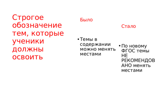 Строгое обозначение тем, которые ученики должны освоить  Было  Стало Темы в содержании можно менять местами По новому ФГОС темы НЕ РЕКОМЕНДОВАНО менять местами 