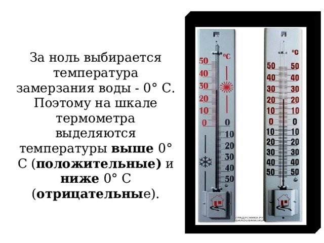 За ноль выбирается температура замерзания воды - 0 ° С. Поэтому на шкале термометра выделяются температуры выше 0 ° С ( положительные) и ниже 0 ° С ( отрицательны е). 8 