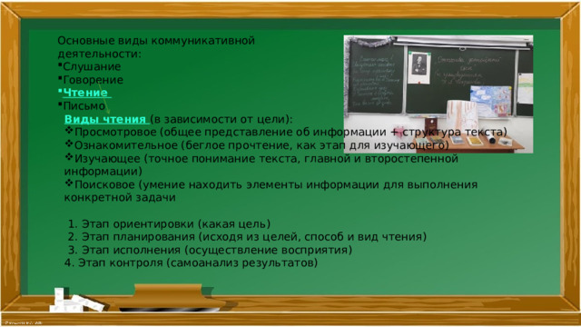 Основные виды коммуникативной деятельности: Слушание Говорение Чтение Письмо Виды чтения (в зависимости от цели): Просмотровое (общее представление об информации + структура текста) Ознакомительное (беглое прочтение, как этап для изучающего) Изучающее (точное понимание текста, главной и второстепенной информации) Поисковое (умение находить элементы информации для выполнения конкретной задачи  1. Этап ориентировки (какая цель)  2. Этап планирования (исходя из целей, способ и вид чтения)  3. Этап исполнения (осуществление восприятия) 4. Этап контроля (самоанализ результатов) 