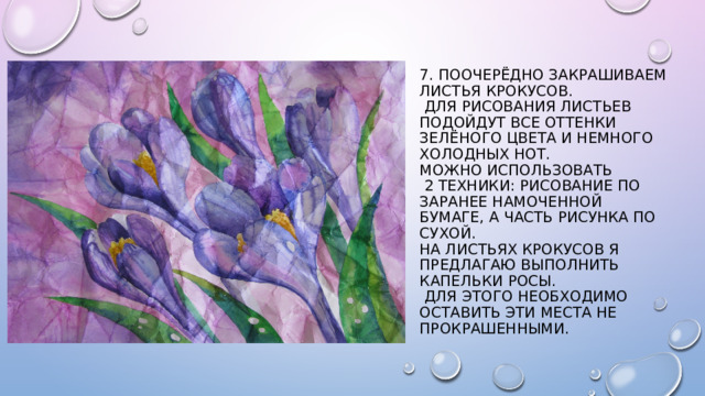 7. Поочерёдно закрашиваем листья крокусов.  Для рисования листьев подойдут все оттенки зелёного цвета и немного холодных нот.  Можно использовать  2 техники: рисование по заранее намоченной бумаге, а часть рисунка по сухой.  На листьях крокусов я предлагаю выполнить капельки росы.  Для этого необходимо оставить эти места не прокрашенными. 