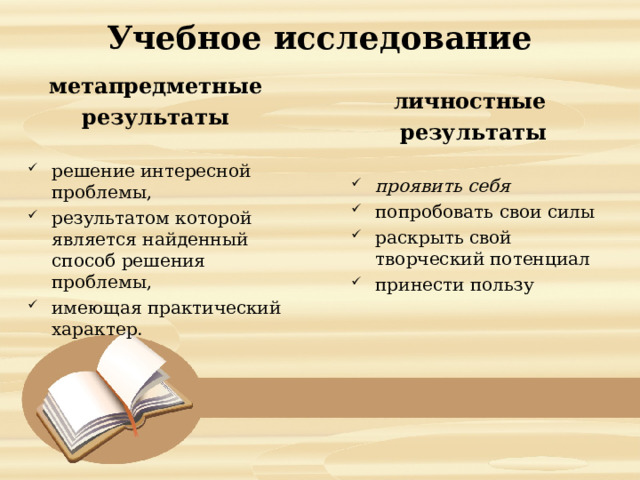  Учебное исследование   метапредметные результаты решение интересной проблемы, результатом которой является найденный способ решения проблемы, имеющая практический характер. личностные результаты проявить себя попробовать свои силы раскрыть свой творческий потенциал принести пользу 