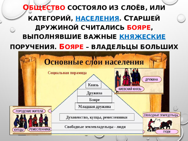 О бщество состояло из слоёв, или категорий, населения . С таршей дружиной считались бояре , выполнявшие важные княжеские поручения. Б ояре – владельцы больших вотчин. 