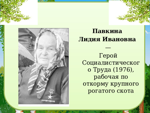 Павкина Лидия Ивановна  — Герой Социалистического Труда (1976), рабочая по откорму крупного рогатого скота 
