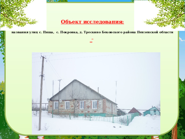   Объект исследования:   названия улиц с. Пяша, с. Покровка, д. Трескино Бековского района Пензенской области        