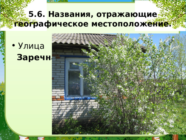 5.6. Названия, отражающие географическое местоположение.   Улица   Заречная 