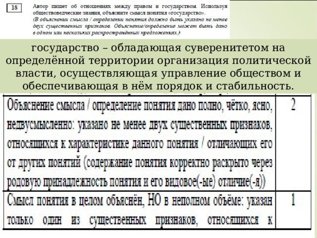 государство – обладающая суверенитетом на определённой территории организация политической власти, осуществляющая управление обществом и обеспечивающая в нём порядок и стабильность. 