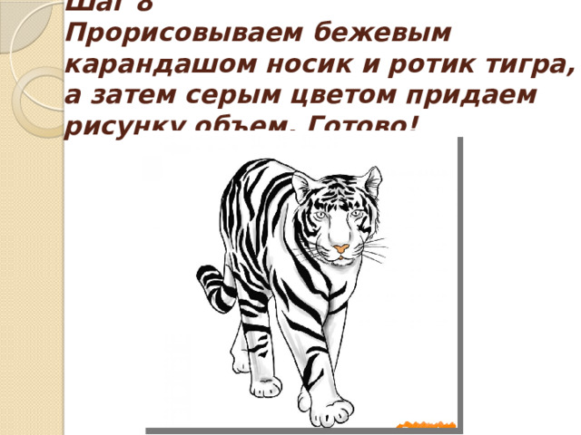 Шаг 8  Прорисовываем бежевым карандашом носик и ротик тигра, а затем серым цветом придаем рисунку объем. Готово! 
