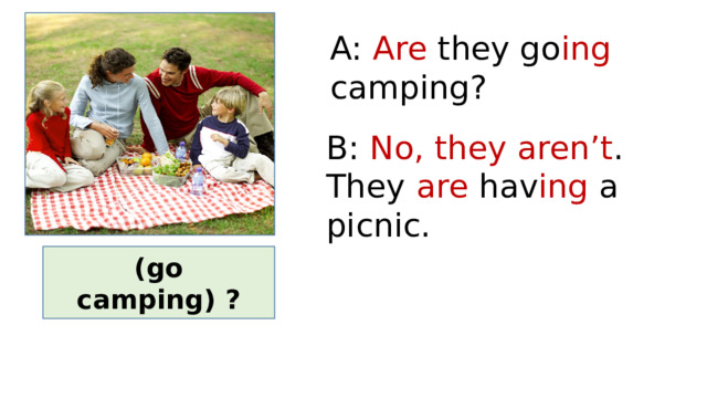 A: Are they go ing camping? B: No, they aren’t . They are hav ing a picnic. (go camping) ? 