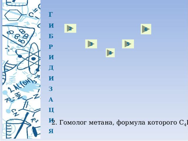 Г И Б Р И Д И З А Ц И Я 6 2 3 5 4 2. Гомолог метана, формула которого C 4 H 10. 