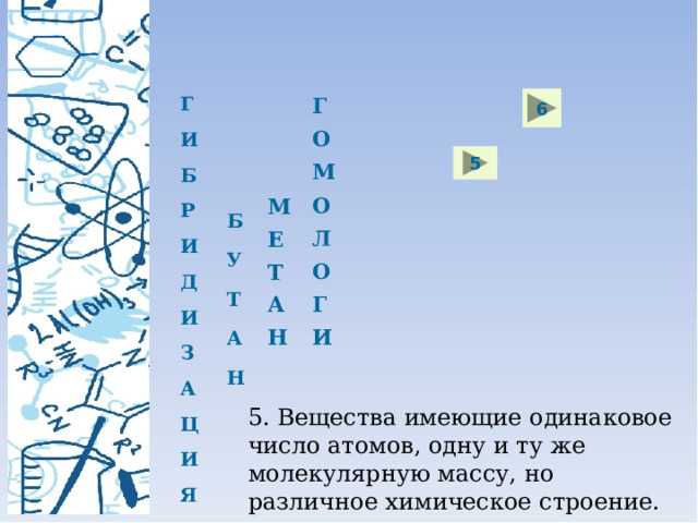 Г И Б Р И Д И З А Ц И Я 6 Г О М О Л О Г И 5 М Е Т А Н Б У Т А Н 5. Вещества имеющие одинаковое число атомов, одну и ту же молекулярную массу, но различное химическое строение. 