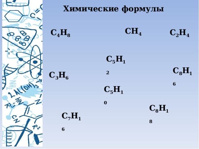 Химические формулы CH 4 C 4 H 8 C 2 H 4 C 5 H 12 C 8 H 16 C 3 H 6 C 5 H 10 C 8 H 18 C 7 H 16 