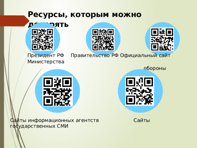Ресурсы, которым можно доверять Президент РФ  Правительство РФ  Официальный сайт Министерства обороны Сайты информационных агентств  Сайты государственных СМИ 
