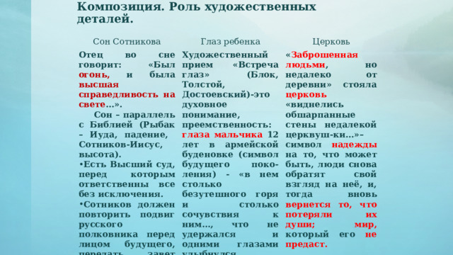 Композиция. Роль художественных деталей. Сон Сотникова Глаз ребенка Отец во сне говорит: «Был огонь, и была высшая справедливость на свете …». Церковь  Сон – параллель с Библией (Рыбак – Иуда, падение, Сотников-Иисус, высота). Художественный прием «Встреча глаз» (Блок, Толстой, Достоевский)-это духовное понимание, преемственность: глаза  мальчика 12 лет в армейской буденовке (символ будущего поко-ления) - «в нем столько безутешного горя и столько сочувствия к ним…, что не удержался и одними глазами улыбнулся мальцу-ничего, браток…» Есть Высший суд, перед которым ответственны все без исключения. « Заброшенная людьми , но недалеко от деревни» стояла церковь «виднелись обшарпанные стены недалекой церквуш-ки…»–символ надежды на то, что может быть, люди снова обратят свой взгляд на неё, и, тогда вновь вернется то, что потеряли их души; мир, который его не предаст. Сотников должен повторить подвиг русского полковника перед лицом будущего, передать завет грядущим поколениям. 