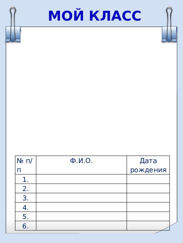 МОЙ КЛАСС № п/п Ф.И.О. 1. Дата рождения 2. 3. 4. 5. 6. 