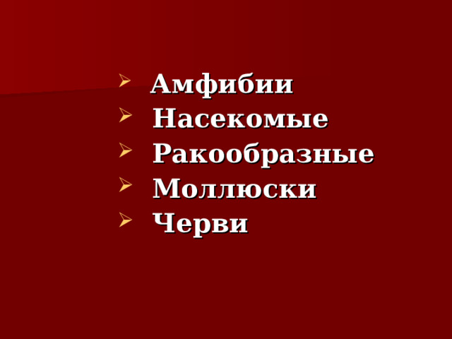  Амфибии  Насекомые  Ракообразные  Моллюски  Черви   