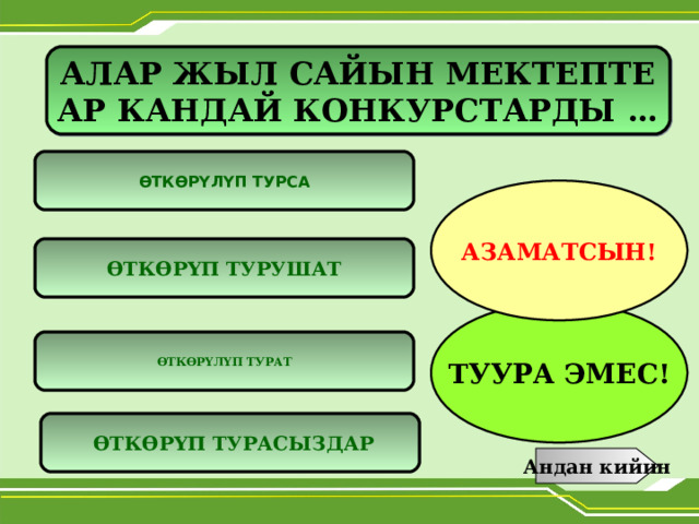  Сын-сыпат бышыктооч катышкан   АЛАР ЖЫЛ САЙЫН МЕКТЕПТЕ АР КАНДАЙ КОНКУРСТАРДЫ …  ӨТКӨРҮЛҮП ТУРСА АЗАМАТСЫН! ӨТКӨРҮП ТУРУШАТ ТУУРА ЭМЕС! ӨТКӨРҮЛҮП ТУРАТ  ӨТКӨРҮП ТУРАСЫЗДАР Андан кийин 