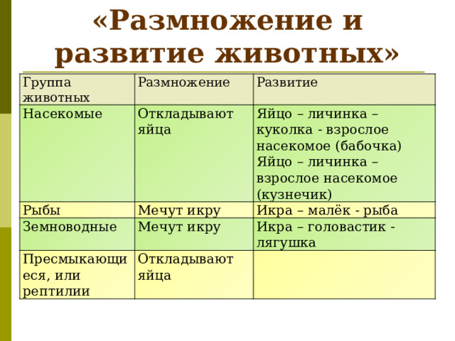 «Размножение и развитие животных» Группа животных Размножение Насекомые Развитие Откладывают яйца Рыбы Мечут икру Яйцо – личинка – куколка - взрослое насекомое (бабочка) Земноводные Яйцо – личинка – взрослое насекомое (кузнечик) Икра – малёк - рыба Мечут икру Пресмыкающиеся, или рептилии Откладывают яйца Икра – головастик - лягушка 