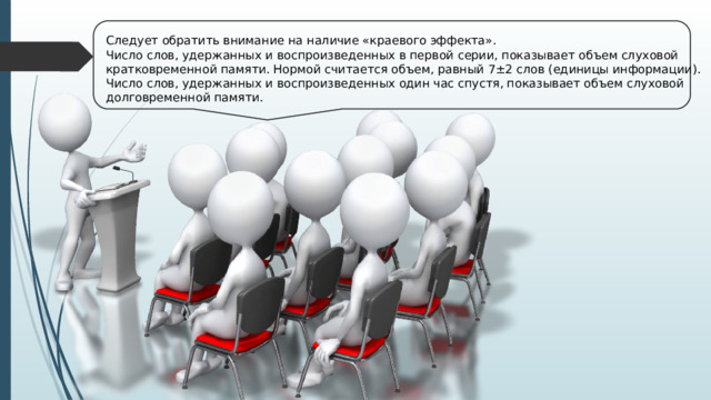 Следует обратить внимание на наличие «краевого эффекта». Число слов, удержанных и воспроизведенных в первой серии, показывает объем слуховой кратковременной памяти. Нормой считается объем, равный 7±2 слов (единицы информации). Число слов, удержанных и воспроизведенных один час спустя, показывает объем слуховой долговременной памяти. 