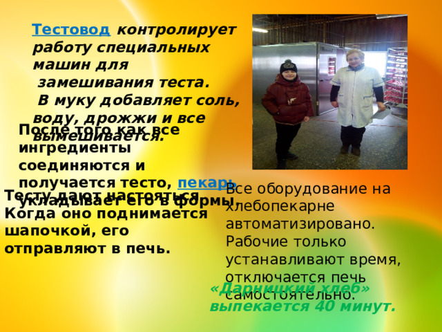 Тестовод  контролирует работу специальных машин для  замешивания теста.  В муку добавляет соль, воду, дрожжи и все вымешивается. После того как все ингредиенты соединяются и получается тесто, пекарь укладывает его в формы. Все оборудование на хлебопекарне автоматизировано. Рабочие только устанавливают время, отключается печь самостоятельно. Тесту дают настояться. Когда оно поднимается шапочкой, его отправляют в печь. «Дарницкий хлеб» выпекается 40 минут. 