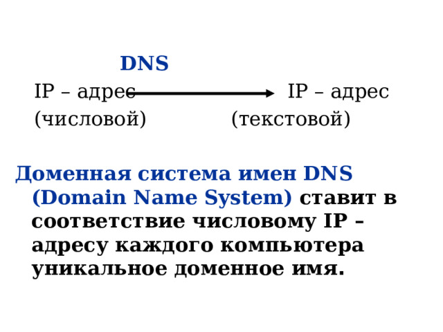      DNS  IP – адрес      IP – адрес  (числовой)     (текстовой) Доменная система имен DNS (Domain Name System)  ставит в соответствие числовому IP – адресу каждого компьютера уникальное доменное имя .  