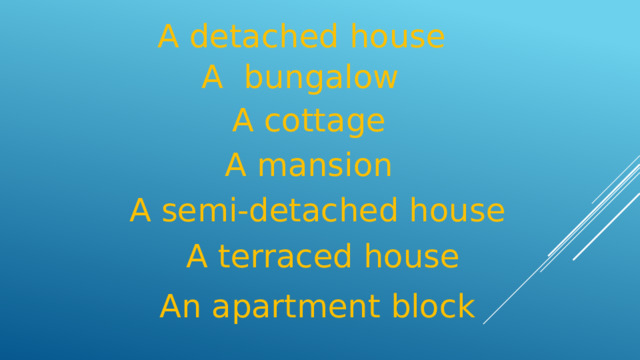 A detached house A bungalow A cottage A mansion A semi-detached house A terraced house An apartment block 