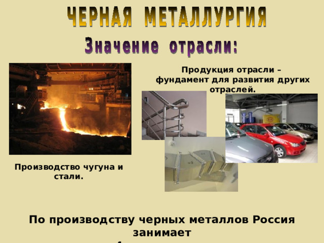          Продукция отрасли – фундамент для развития других отраслей.  Производство чугуна и стали.  По производству черных металлов Россия занимает  4 место в мире. 
