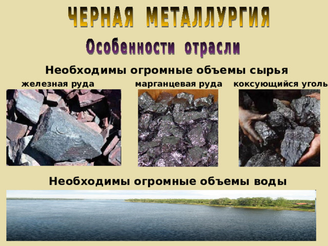 Необходимы огромные объемы сырья железная руда марганцевая руда  коксующийся уголь Необходимы огромные объемы воды 
