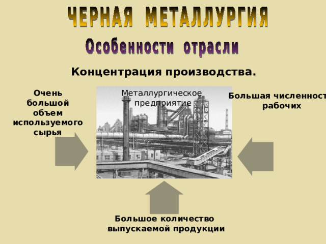 Концентрация производства. Металлургическое предприятие Очень большой объем используемого сырья Большая численность  рабочих Большое количество выпускаемой продукции 