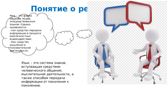 Понятие о речи Речь – это форма общения людей, опосредствованная языком. Однако проявляется: - как средство передачи информации в процессе межличностных взаимодействий; - Как средство мышления в познавательной деятельности. Язык – это система знаков, вступающая средством человеческого общения, мыслительной деятельности, а также способом передачи информации от поколения к поколению. 