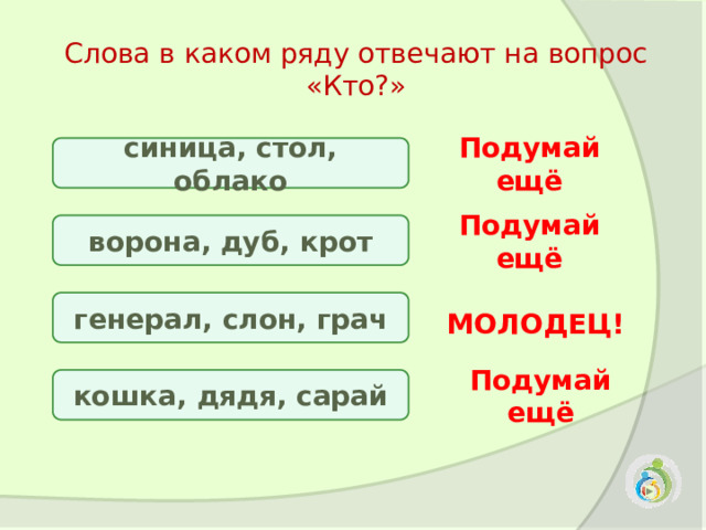 Слова в каком ряду отвечают на вопрос «Кто?»  синица, стол, облако Подумай ещё ворона, дуб, крот Подумай ещё генерал, слон, грач МОЛОДЕЦ! кошка, дядя, сарай Подумай ещё 