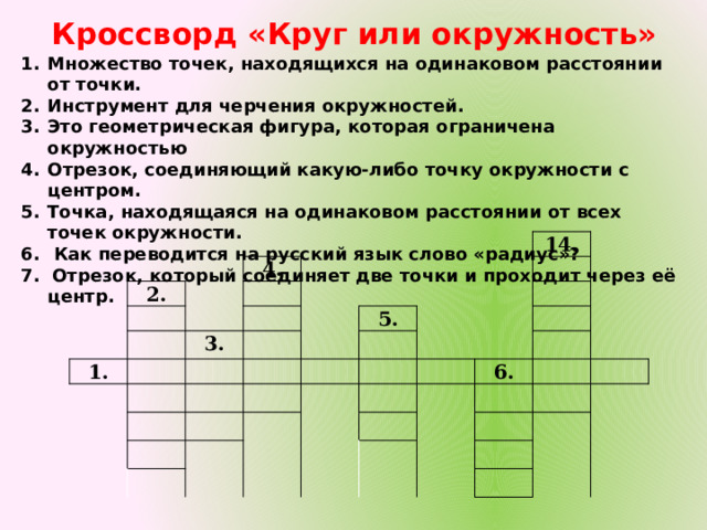 Кроссворд «Круг или окружность» Множество точек, находящихся на одинаковом расстоянии от точки. Инструмент для черчения окружностей. Это геометрическая фигура, которая ограничена окружностью Отрезок, соединяющий какую-либо точку окружности с центром. Точка, находящаяся на одинаковом расстоянии от всех точек окружности.  Как переводится на русский язык слово «радиус»? 7. Отрезок, который соединяет две точки и проходит через её центр. 2. 4. 1. 3. 14. 5. 6. 