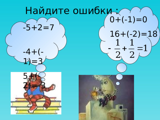 Найдите ошибки : 0+(-1)=0 16+(-2)=18 -5+2=7 -4+(-1)=3 5+(-2)=-3 