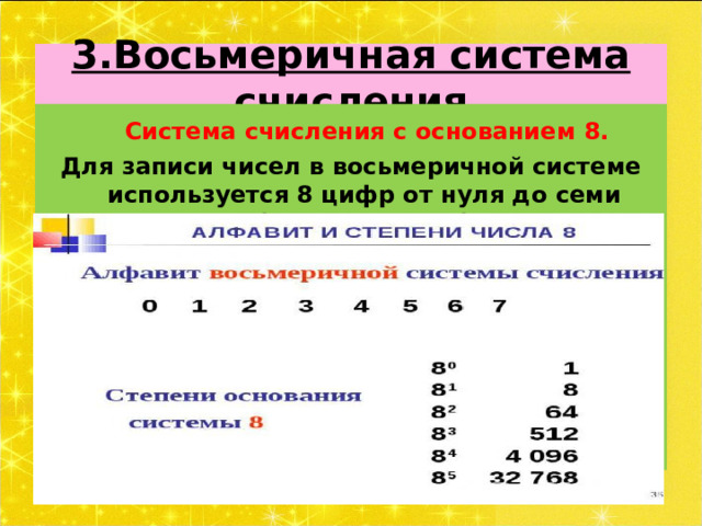 3.Восьмеричная система счисления  Система счисления с основанием 8. Для записи чисел в восьмеричной системе используется 8 цифр от нуля до семи (0,1,2,3,4,5,6,7) 