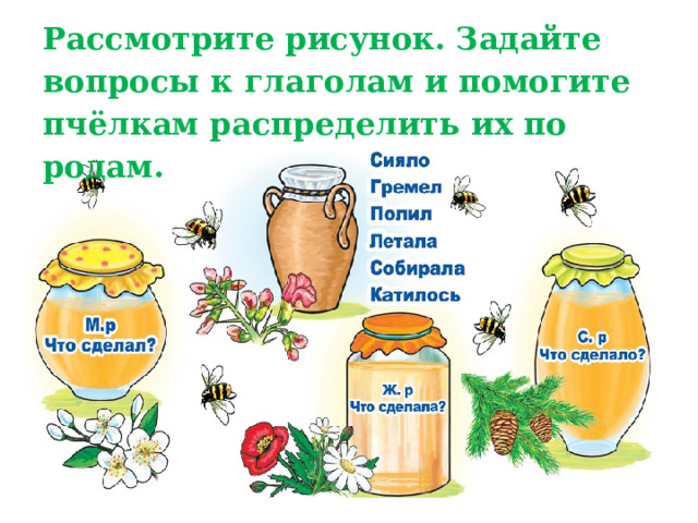 Рассмотрите рисунок. Задайте вопросы к глаголам и помогите пчёлкам распределить их по родам. 