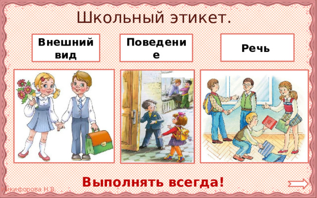Школьный этикет. Речь Внешний вид Поведение Выполнять всегда! 