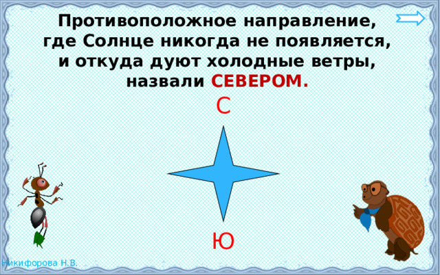  Противоположное направление, где Солнце никогда не появляется, и откуда дуют холодные ветры, назвали СЕВЕРОМ. С Ю 