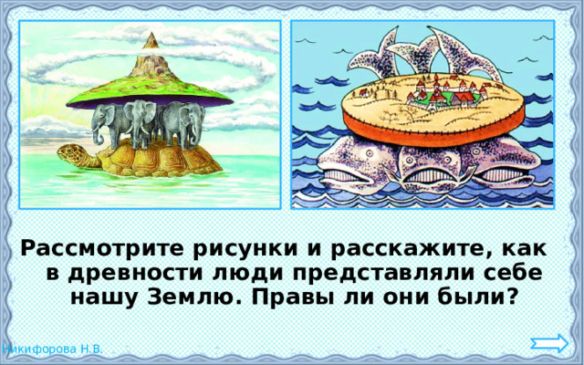 Рассмотрите рисунки и расскажите, как в древности люди представляли себе нашу Землю. Правы ли они были? 
