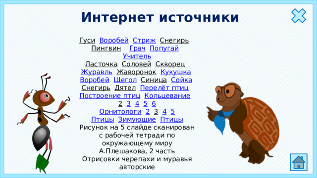 Интернет источники Гуси  Воробей  Стриж  Снегирь  Пингвин  Грач  Попугай  Учитель Ласточка  Соловей  Скворец  Журавль  Жаворонок  Кукушка  Воробей  Щегол  Синица  Сойка  Снегирь  Дятел  Перелёт птиц  Построение птиц  Кольцевание  2  3  4  5  6 Орнитологи  2  3  4  5 Птицы  Зимующие  Птицы Рисунок на 5 слайде сканирован с рабочей тетради по окружающему миру А.Плешакова, 2 часть Отрисовки черепахи и муравья авторские 